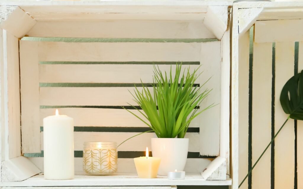 Sveče in sobna rastlina v belem lesenem zaboju. 
